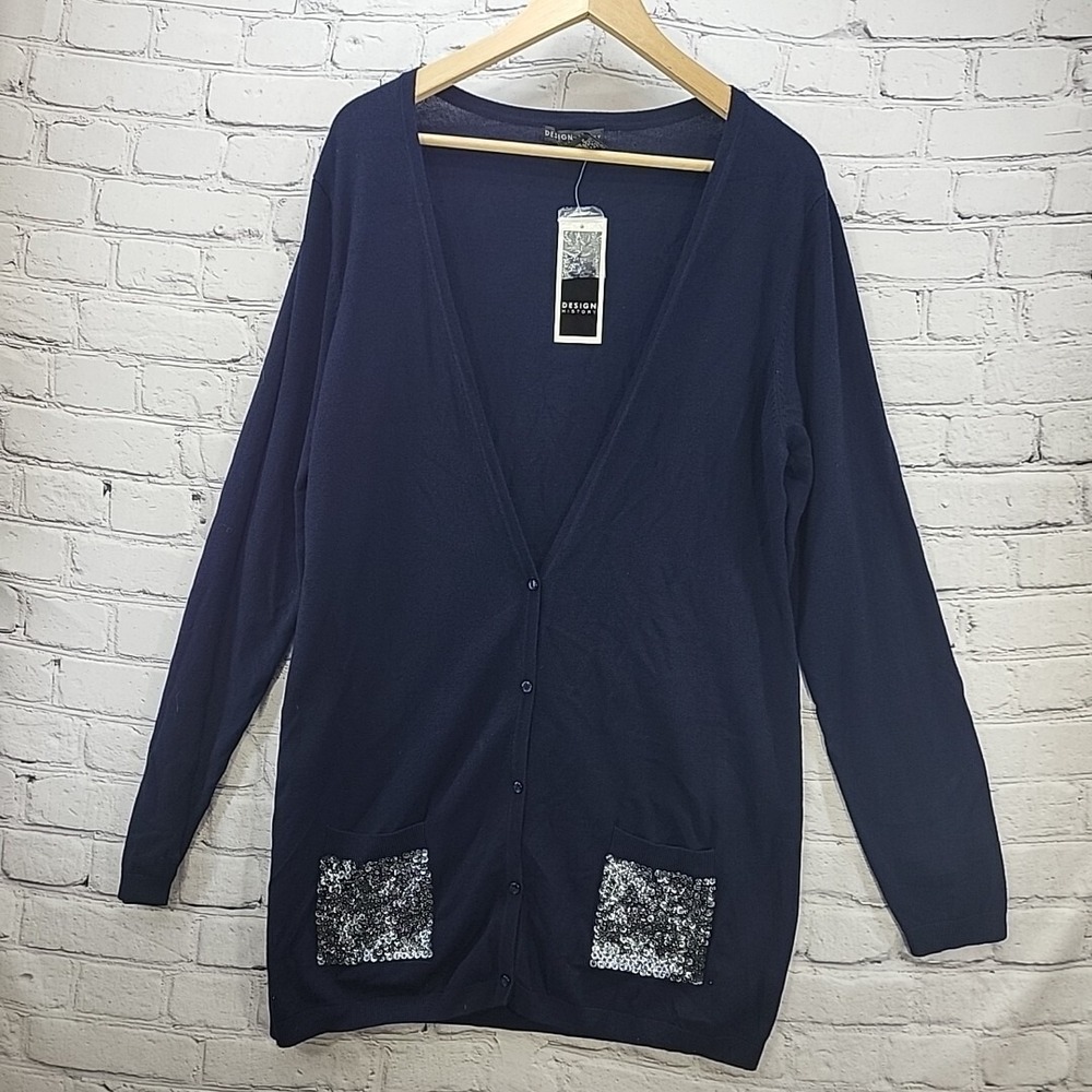 Design History Sweater Womens Sz XL Navy Blue Extra Long Cardigan‎ Sequins New